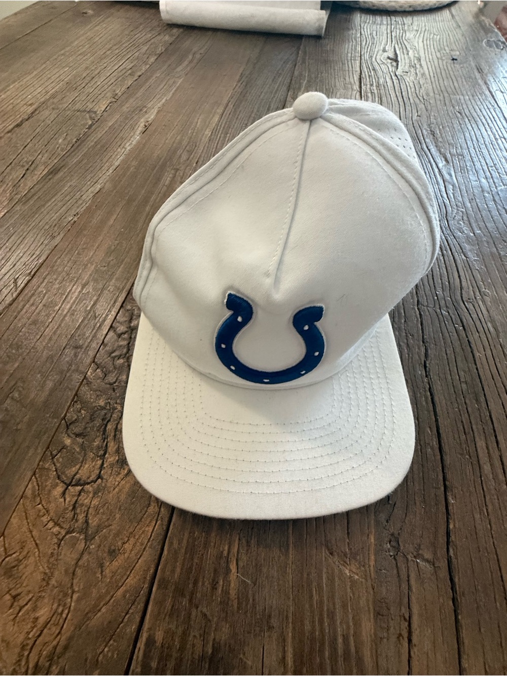 New Era White Colt’s Hat with Blue Horseshoe Patch